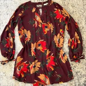 Umgee Women’s Mini Dress Maroon Floral Print Keyhole SZ S